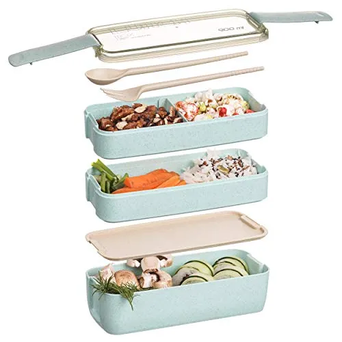 3 Layers Lunch Box Microwavable Japanese Bento Food Container Eco-Friendly Wheat Straw 900ml Lunchbox