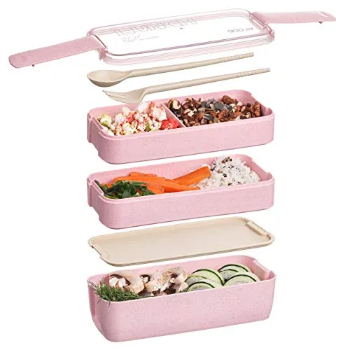 3 Layers Lunch Box Microwavable Japanese Bento Food Container Eco-Friendly Wheat Straw 900ml Lunchbox