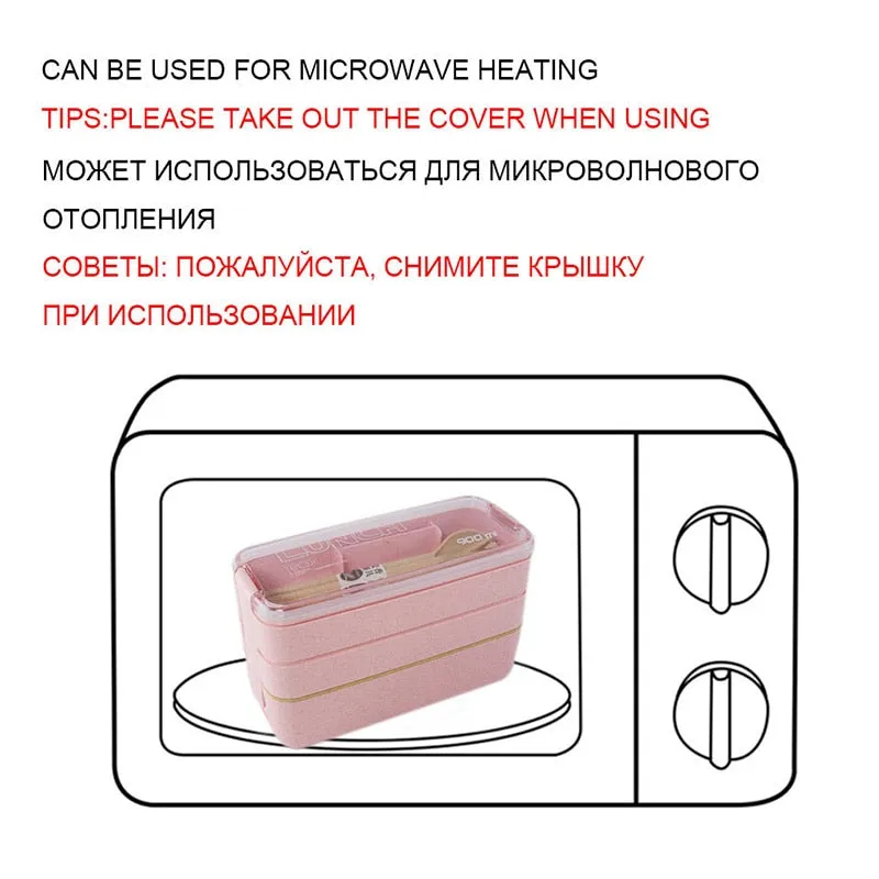 3 Layers Lunch Box Microwavable Japanese Bento Food Container Eco-Friendly Wheat Straw 900ml Lunchbox