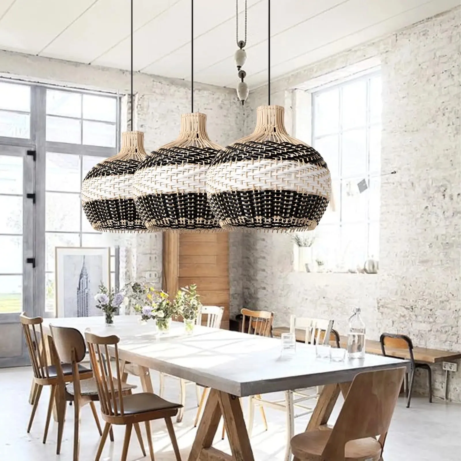 Black & White Lampshade Rattan Pendant Light