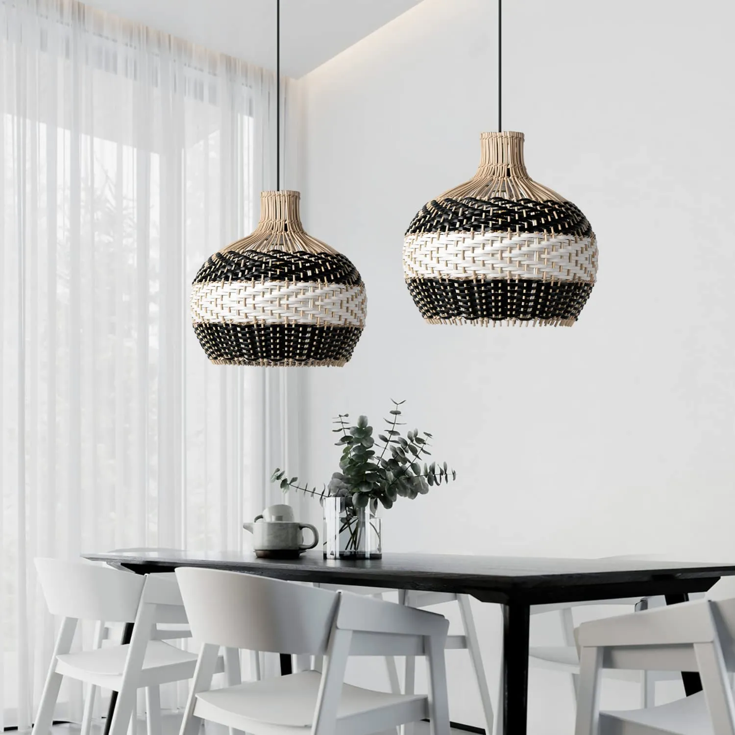 Black & White Lampshade Rattan Pendant Light