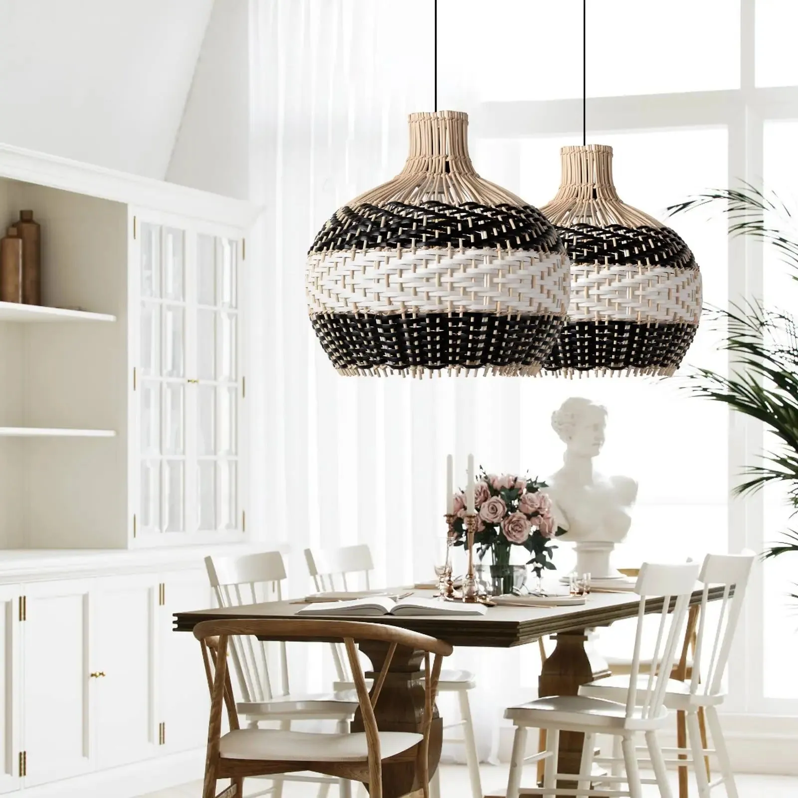 Black & White Lampshade Rattan Pendant Light
