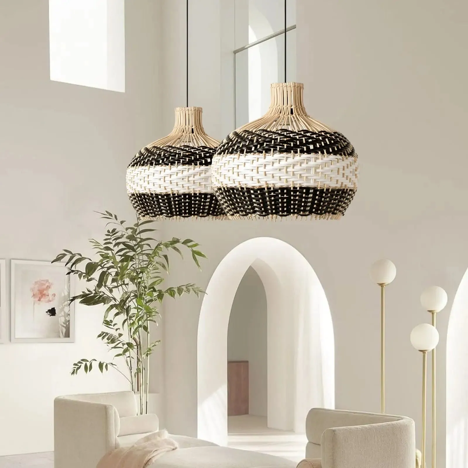Black & White Lampshade Rattan Pendant Light
