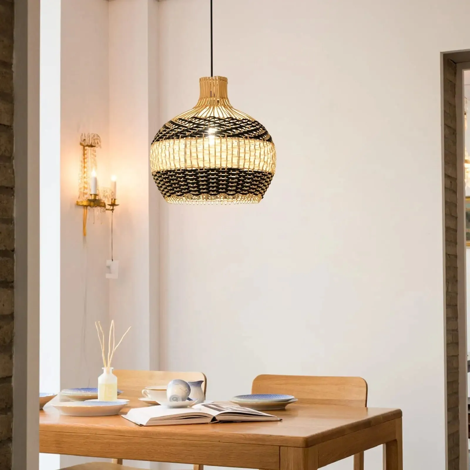 Black & White Lampshade Rattan Pendant Light