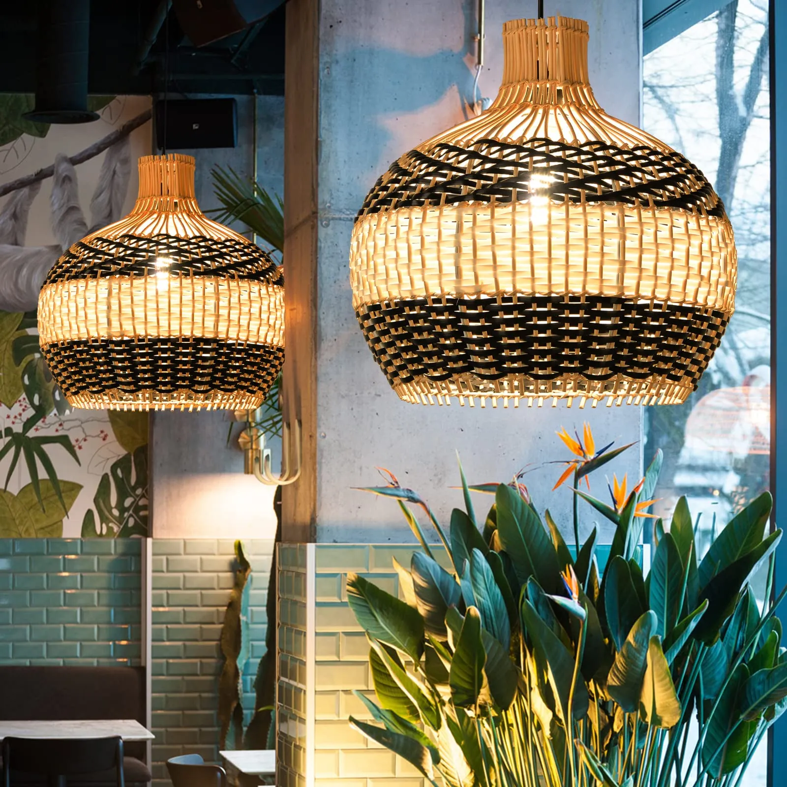 Black & White Lampshade Rattan Pendant Light