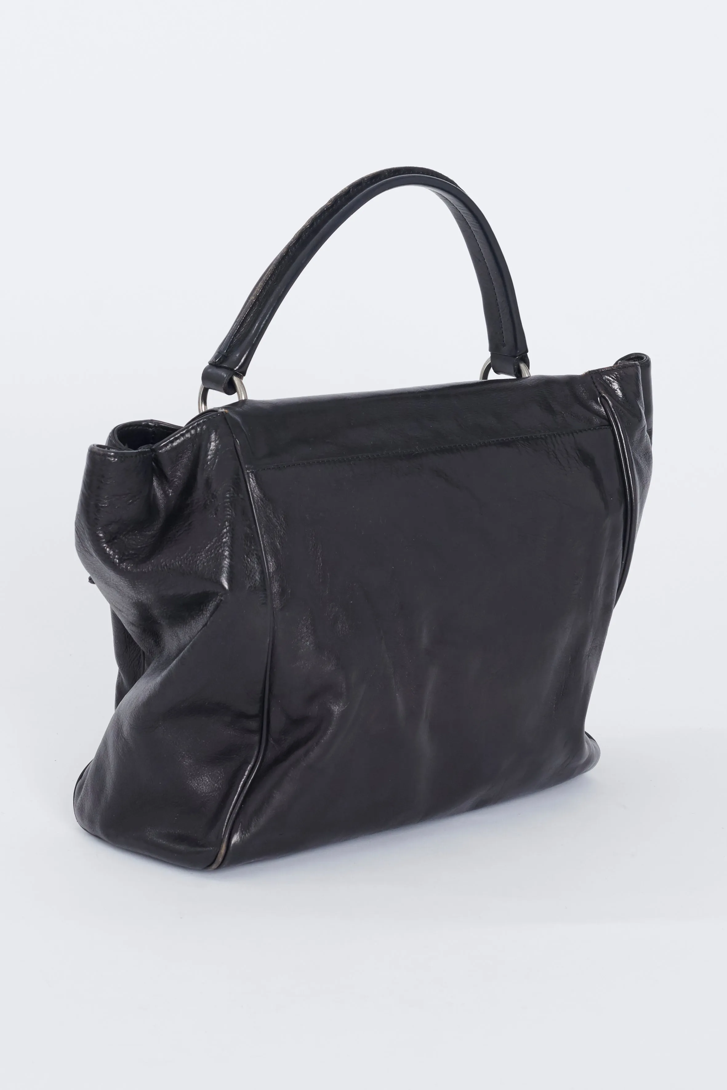 Black Leather Stud Applique Top Handle Preowned Bag