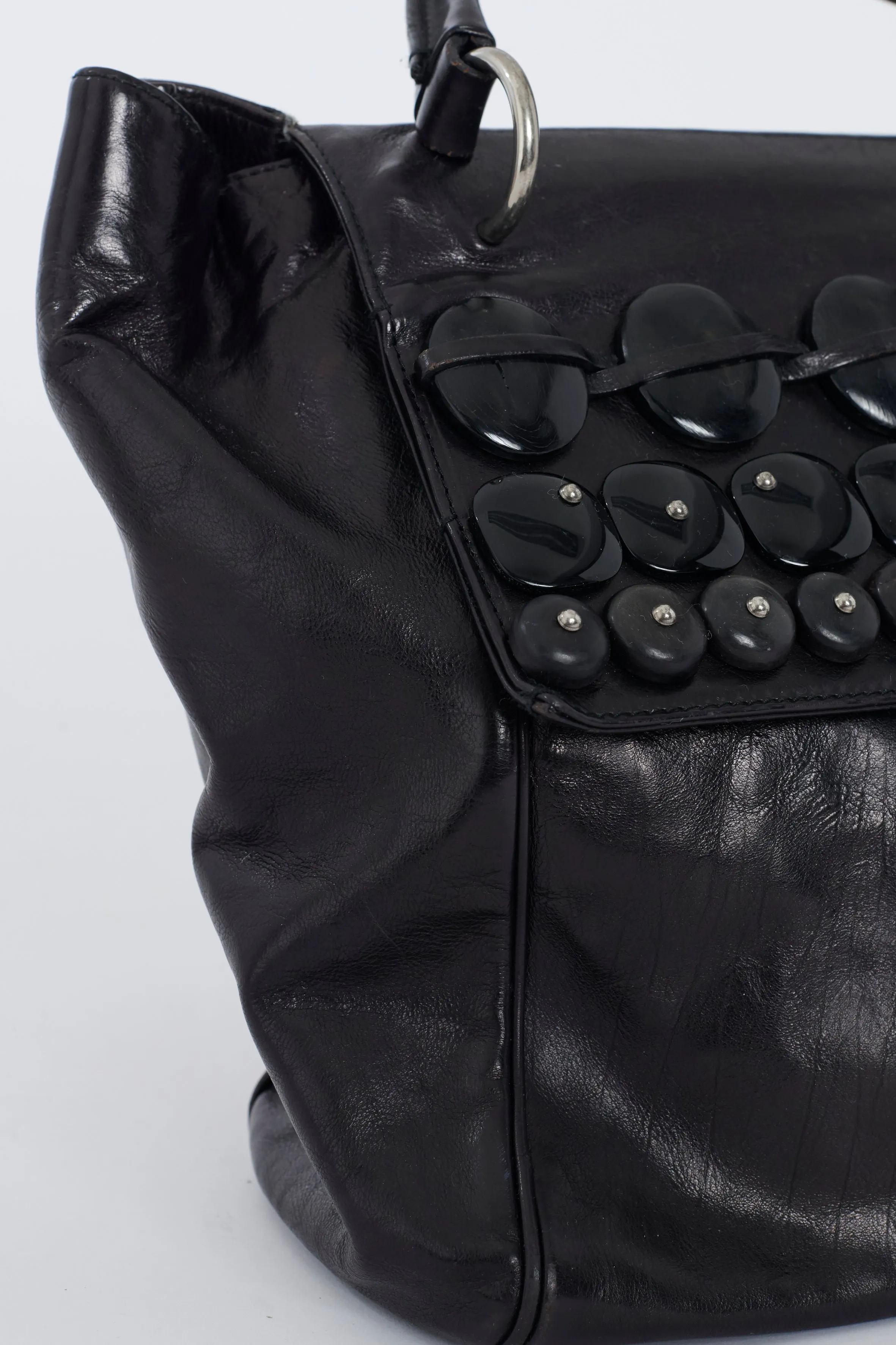 Black Leather Stud Applique Top Handle Preowned Bag