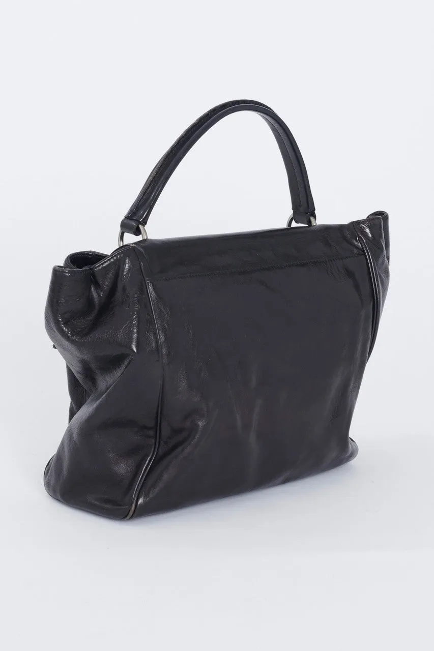 Black Leather Stud Applique Top Handle Preowned Bag