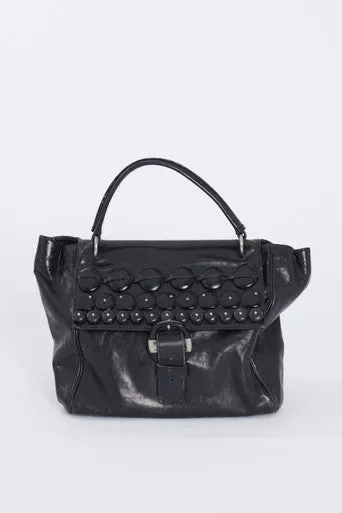Black Leather Stud Applique Top Handle Preowned Bag