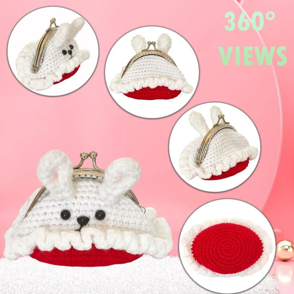 Cute Small Coin Pouch - Crochet Rabbit Coin Purse for Women, Kiss Lock Change Purse Mini Knitting Bag