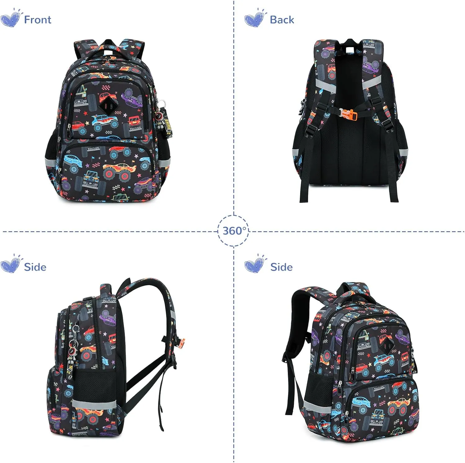 Kids Backpack, Kawaii Printed Girls Boys Bookbags for Preschool, Lightweight School Backpack for Primary and Elementary and Kindergarten, Waterproof Teen Backpacks, Black/Cars