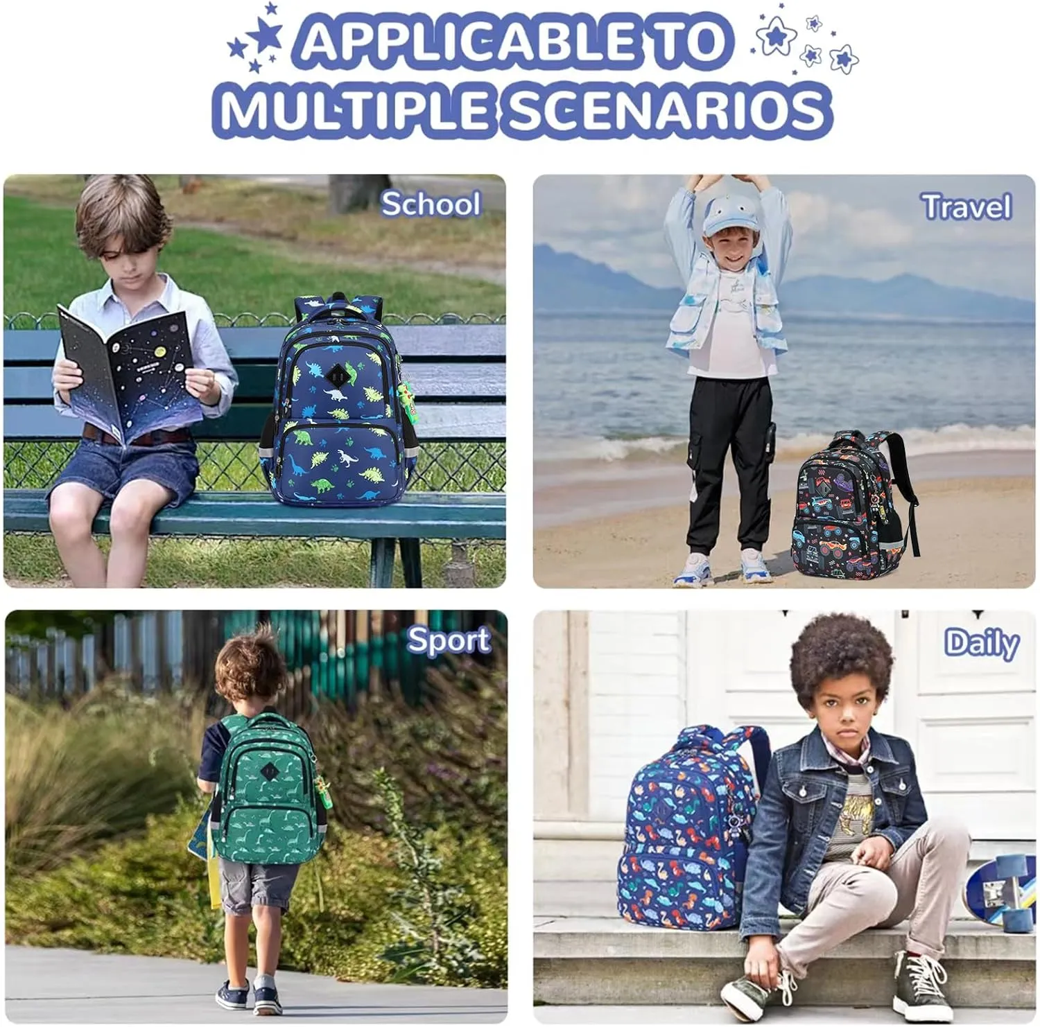 Kids Backpack, Kawaii Printed Girls Boys Bookbags for Preschool, Lightweight School Backpack for Primary and Elementary and Kindergarten, Waterproof Teen Backpacks, Black/Cars
