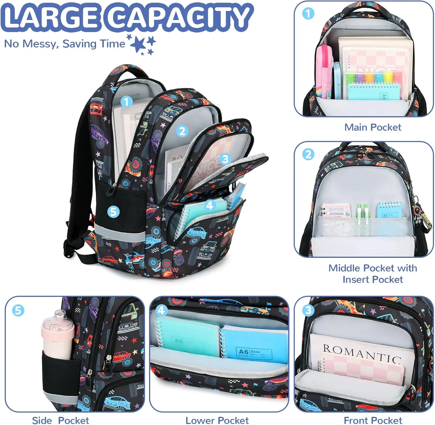 Kids Backpack, Kawaii Printed Girls Boys Bookbags for Preschool, Lightweight School Backpack for Primary and Elementary and Kindergarten, Waterproof Teen Backpacks, Black/Cars