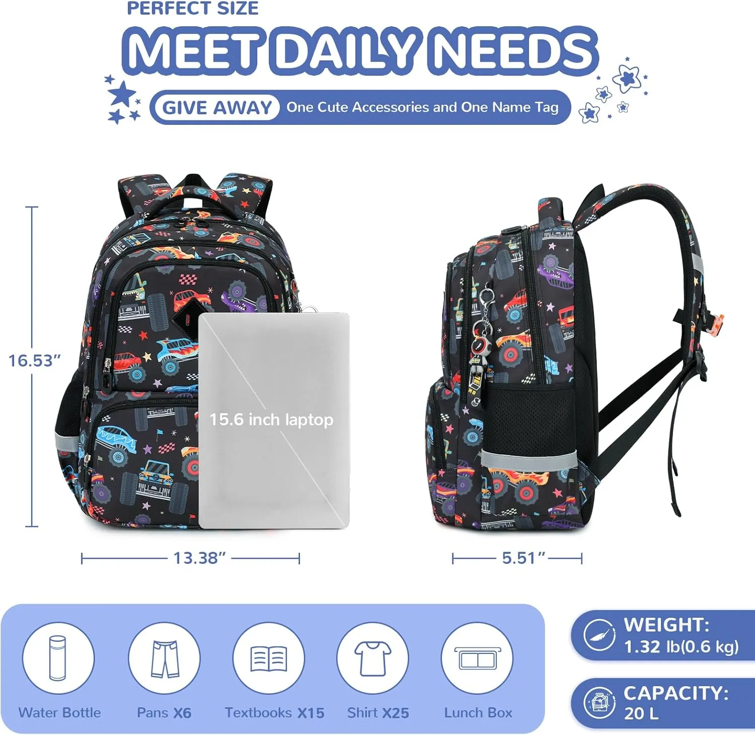 Kids Backpack, Kawaii Printed Girls Boys Bookbags for Preschool, Lightweight School Backpack for Primary and Elementary and Kindergarten, Waterproof Teen Backpacks, Black/Cars