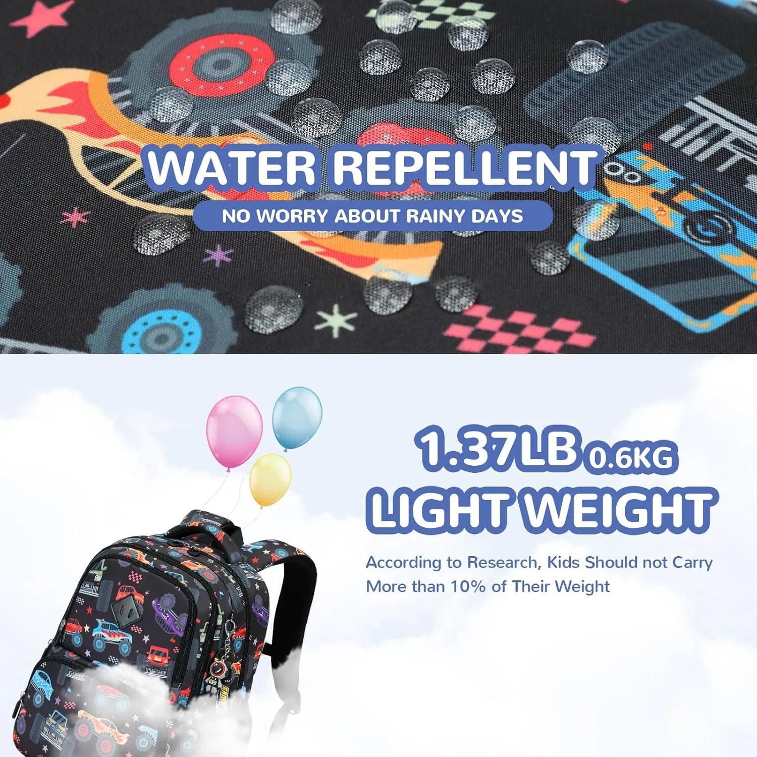 Kids Backpack, Kawaii Printed Girls Boys Bookbags for Preschool, Lightweight School Backpack for Primary and Elementary and Kindergarten, Waterproof Teen Backpacks, Black/Cars