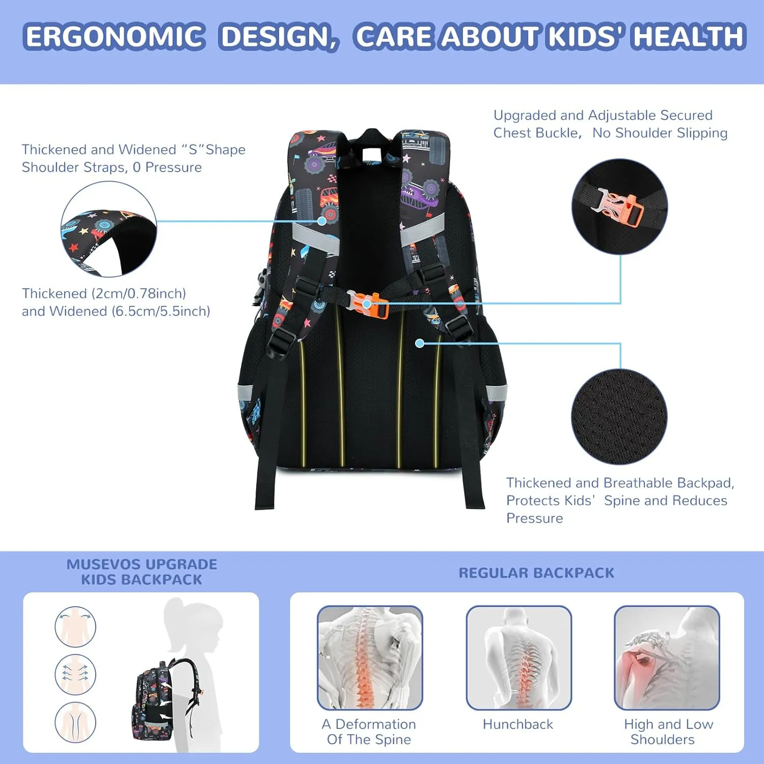 Kids Backpack, Kawaii Printed Girls Boys Bookbags for Preschool, Lightweight School Backpack for Primary and Elementary and Kindergarten, Waterproof Teen Backpacks, Black/Cars