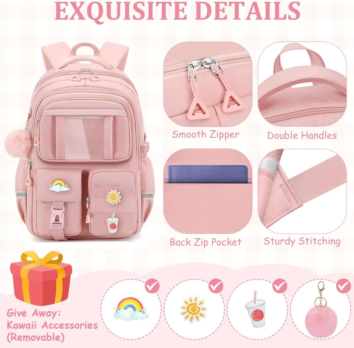 Kids Backpacks for Girls - Cute Girls Backpack for Kids Children Teens Elementary Middle School - 17″ Students Bookbag Travel Back Pack for Age 6-18