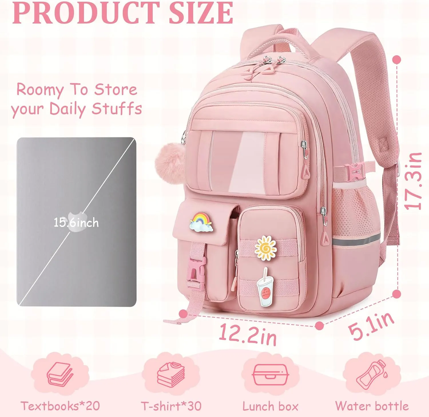 Kids Backpacks for Girls - Cute Girls Backpack for Kids Children Teens Elementary Middle School - 17″ Students Bookbag Travel Back Pack for Age 6-18