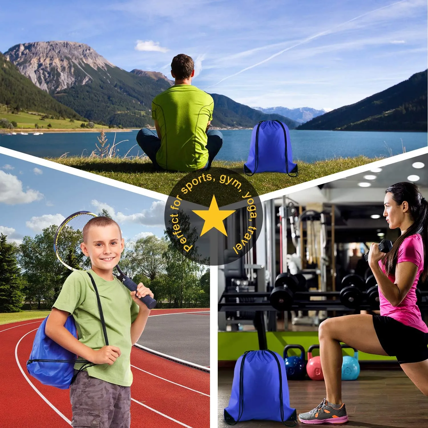 KUUQA 2 Pcs Drawstring Backpack Bags Bulk Sports Cinch Sack String Backpack Storage Bags for Gym Traveling（Black, Blue）
