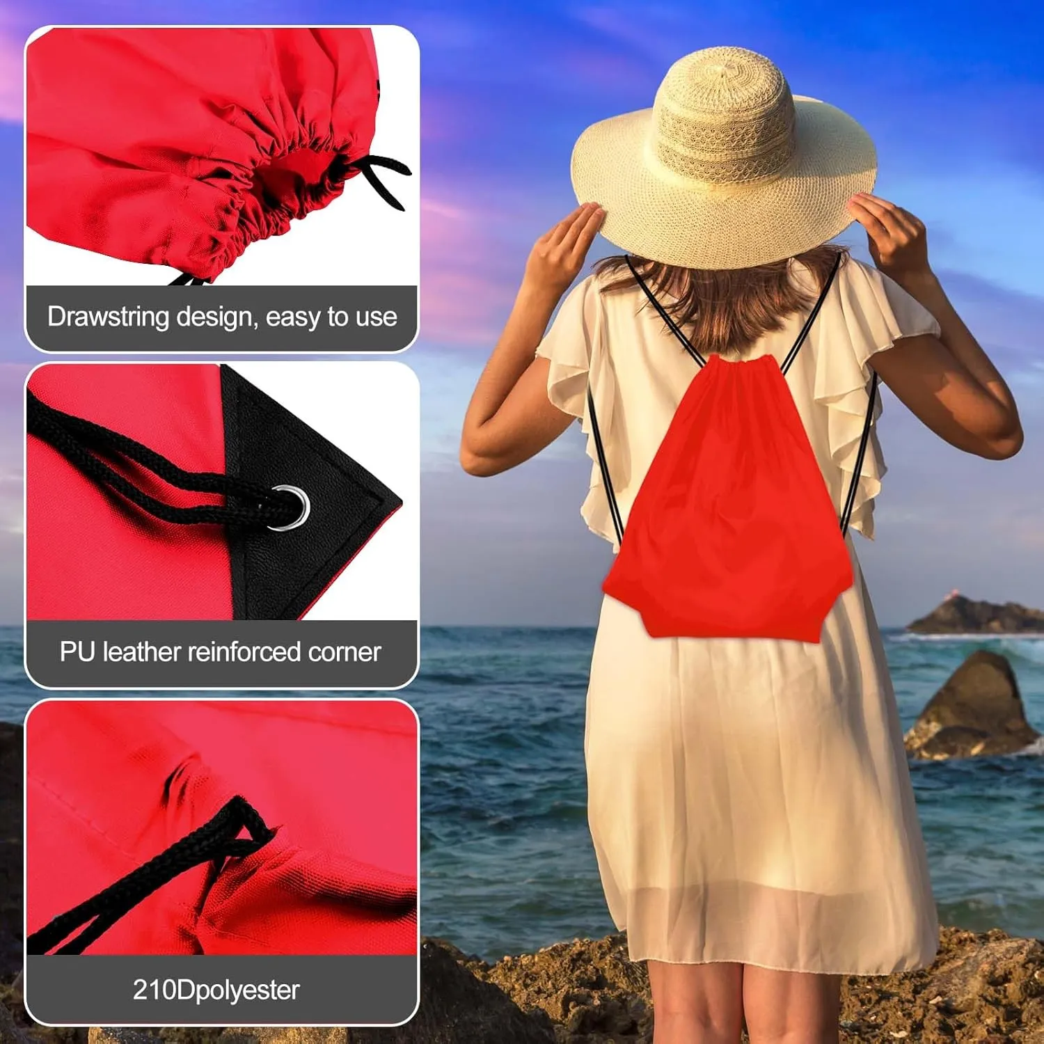 KUUQA 2 Pcs Drawstring Backpack Bags Bulk Sports Cinch Sack String Backpack Storage Bags for Gym Traveling（Black, Red）
