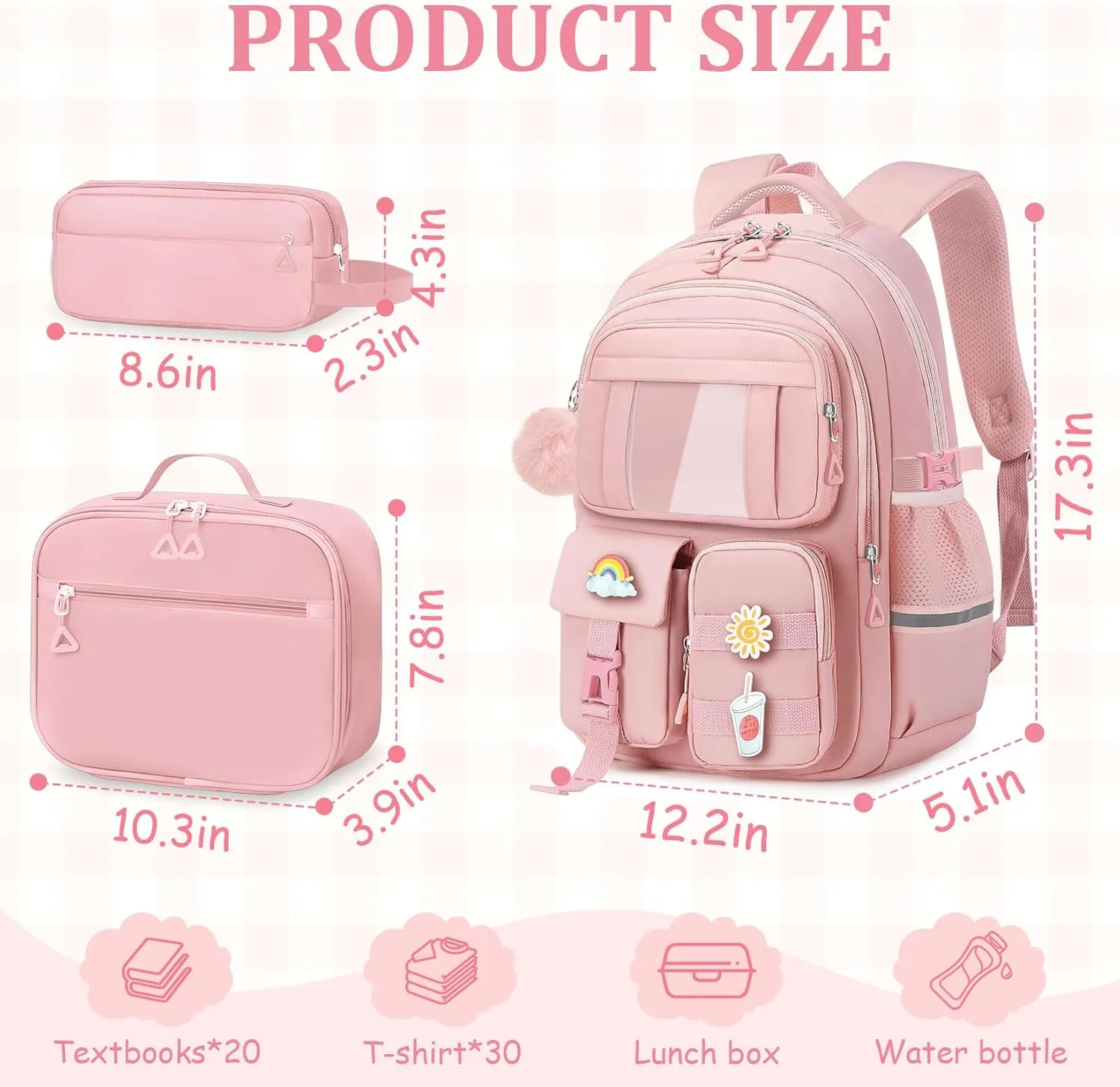 School Backpack for Girls - 5pcs Cute Girls Backpack with Lunch Box for Teens Kids Elementary Middle School - 17″ Students Bookbag Travel Back Pack for Age 6-18