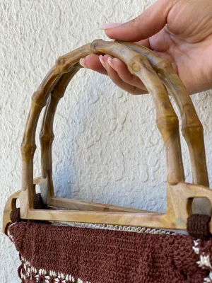 Vintage Crochet Wooden Handle Beach Handbag