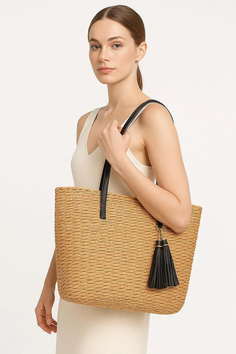 YXILEE Straw Bags For Women | M Size Travel Straw Totes Bag Woven Summer Handmade Shoulder Bag Handbag